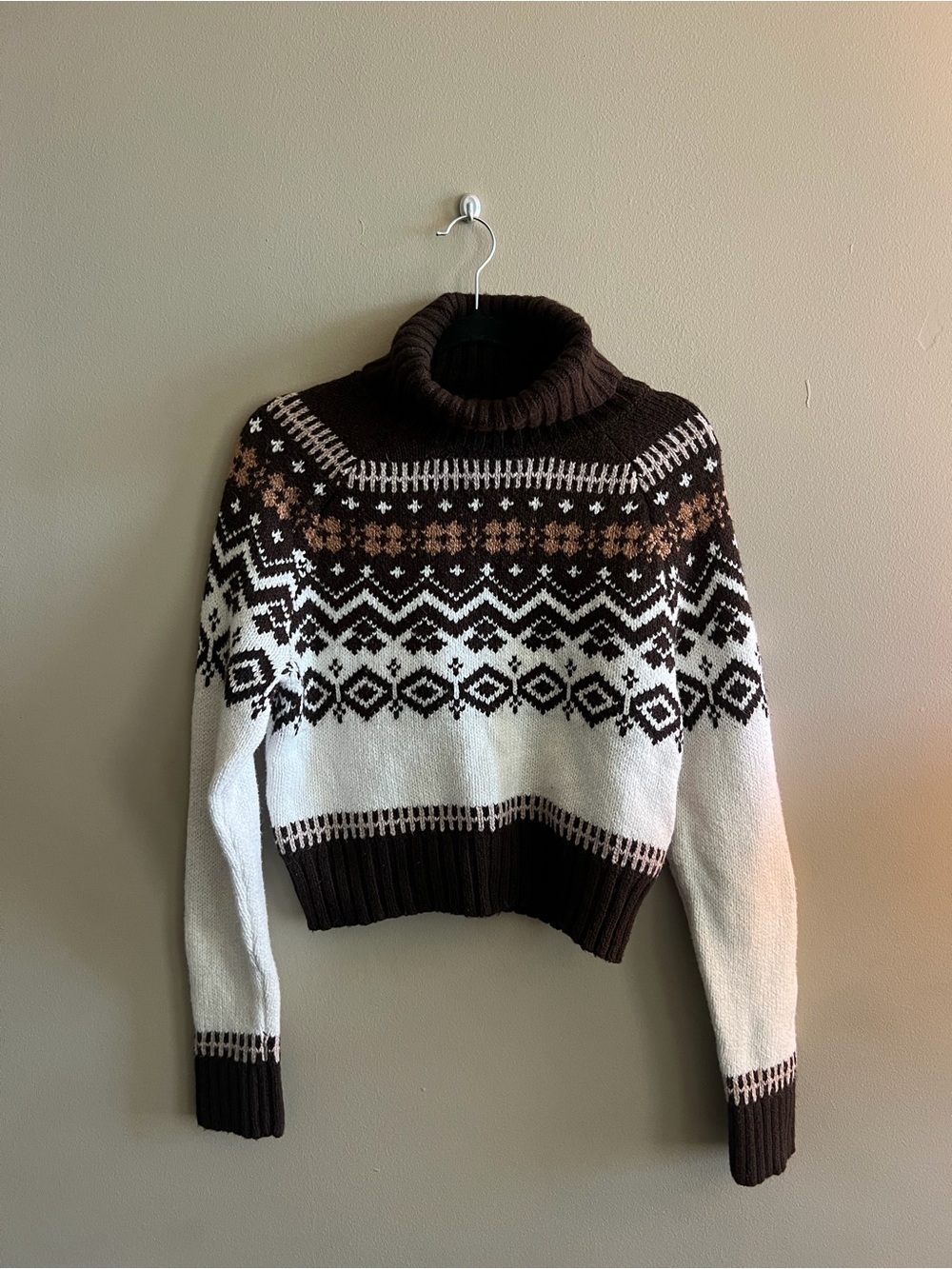 American Eagle Outfitters Brown and Cream Fair Isle Turtleneck Sweater